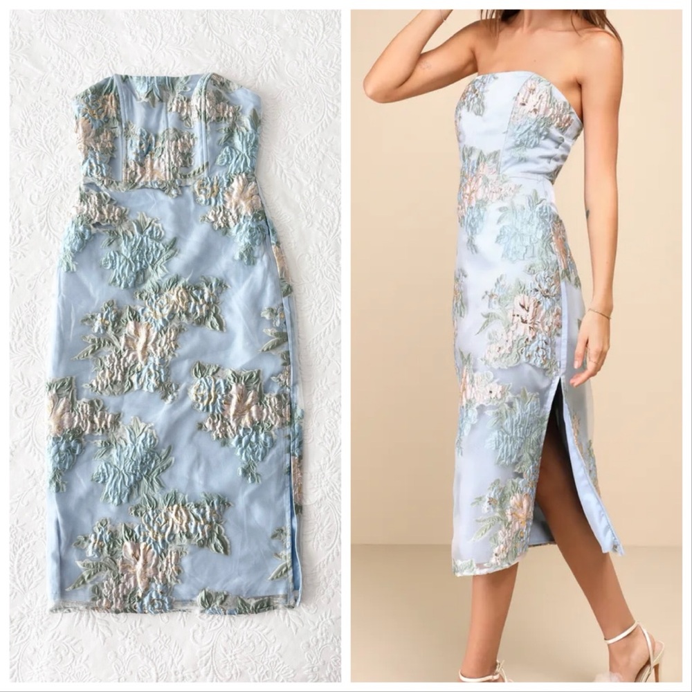 Lulus Upgraded Event Blue Floral Jacquard Strapless Bustier Midi Dress
